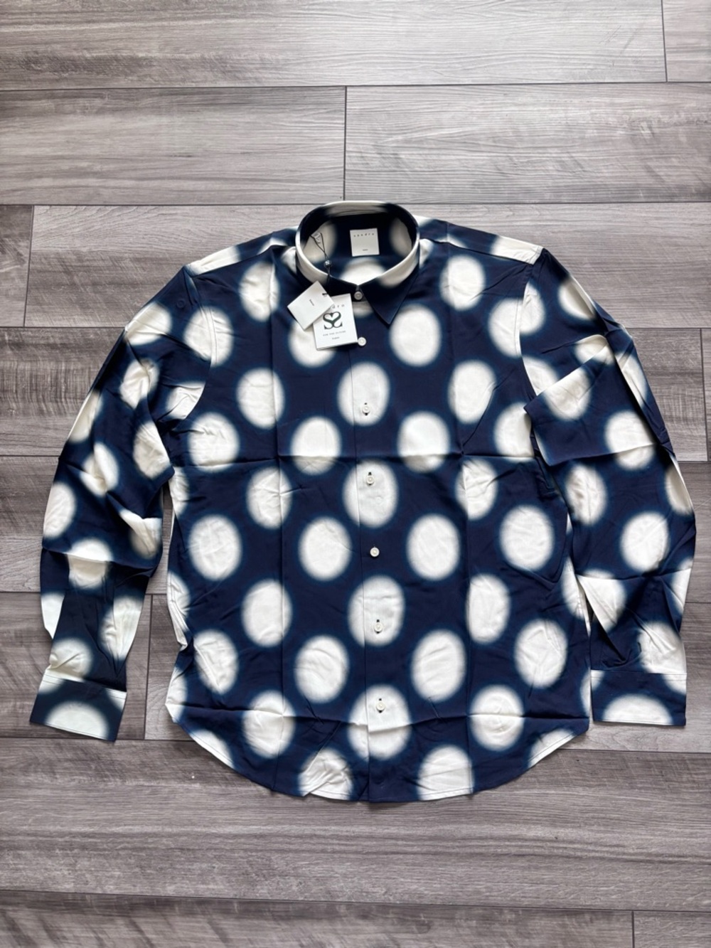 Sandro Navy Button-Down Shirt with White Polka Dots XL